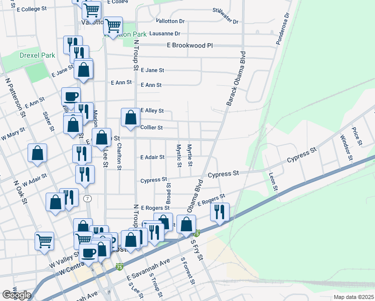map of restaurants, bars, coffee shops, grocery stores, and more near 802 Myrtle Street in Valdosta