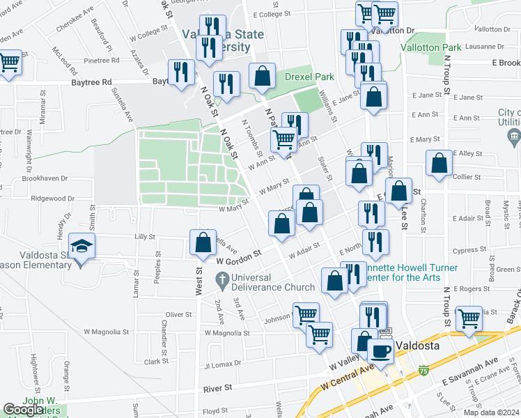 map of restaurants, bars, coffee shops, grocery stores, and more near 1014 North Oak Street in Valdosta