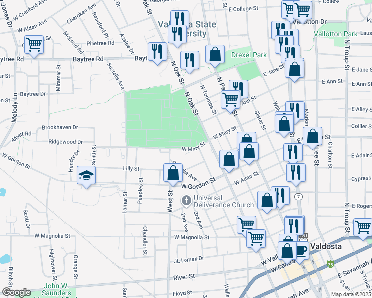 map of restaurants, bars, coffee shops, grocery stores, and more near 407 West Mary Street in Valdosta