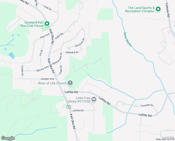 map of restaurants, bars, coffee shops, grocery stores, and more near 4123 Fort Kali Oka Road in Saraland