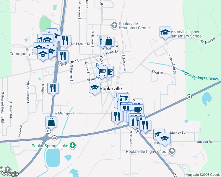 map of restaurants, bars, coffee shops, grocery stores, and more near in Poplarville
