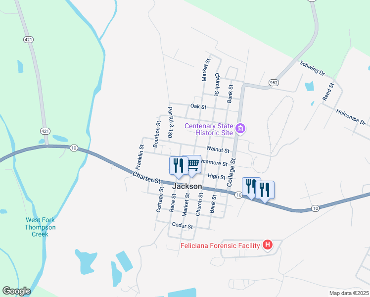 map of restaurants, bars, coffee shops, grocery stores, and more near 1415 Sycamore Street in Jackson