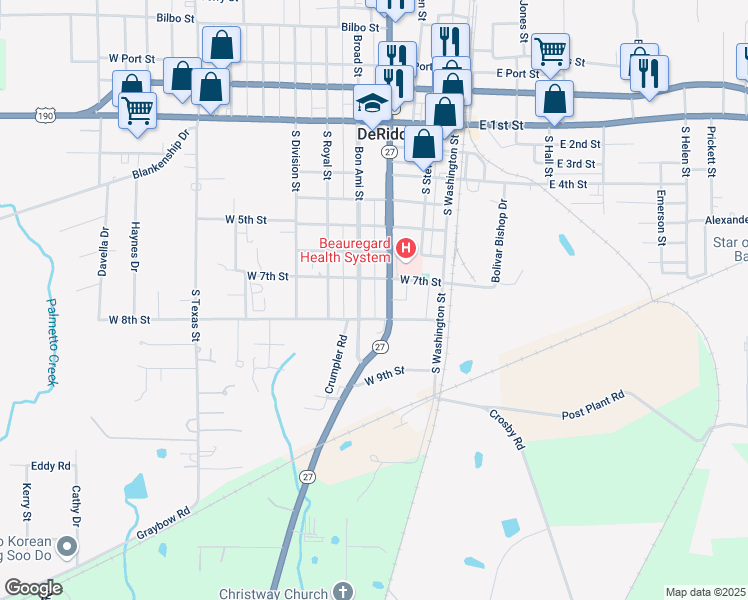 map of restaurants, bars, coffee shops, grocery stores, and more near 701-799 South Manx Alley in DeRidder