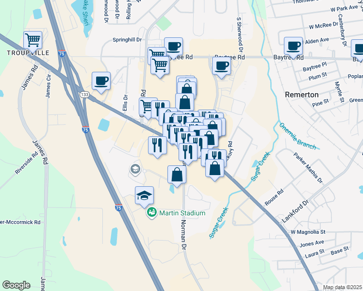 map of restaurants, bars, coffee shops, grocery stores, and more near 1112 Saint Augustine Road in Valdosta