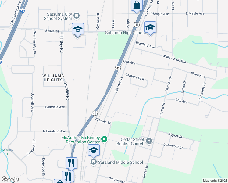 map of restaurants, bars, coffee shops, grocery stores, and more near 5257 Old Highway 43 in Satsuma