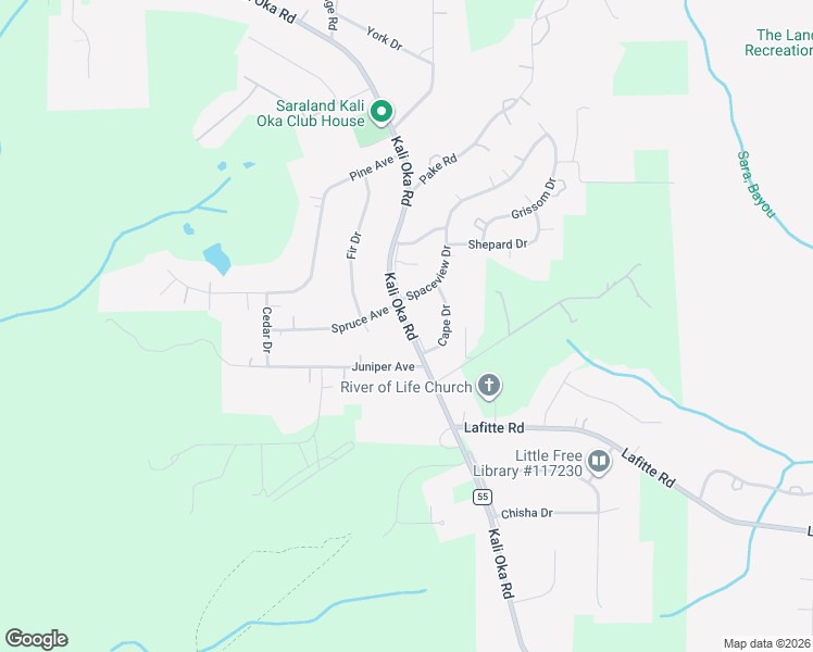 map of restaurants, bars, coffee shops, grocery stores, and more near 7157 Kali Oka Road in Saraland