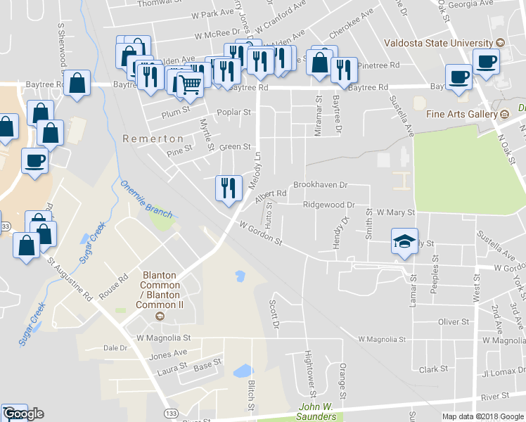 map of restaurants, bars, coffee shops, grocery stores, and more near Azalea City Trail in Valdosta