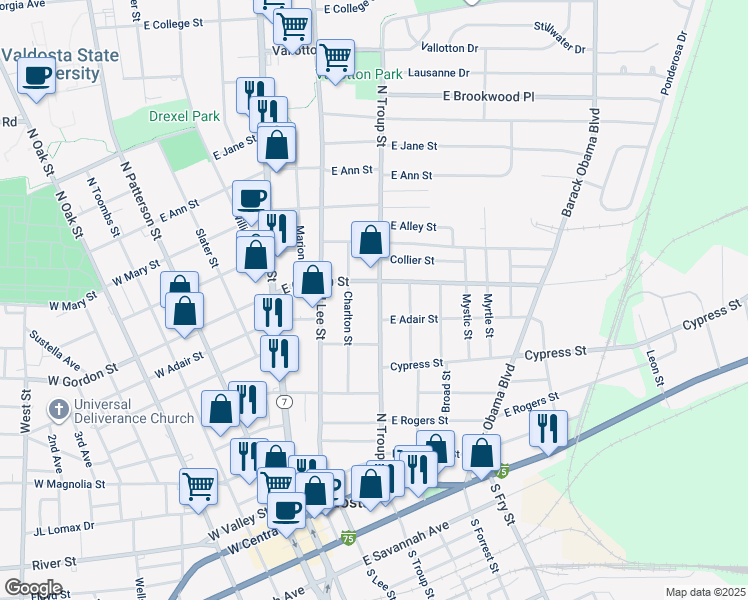 map of restaurants, bars, coffee shops, grocery stores, and more near 712 North Troup Street in Valdosta