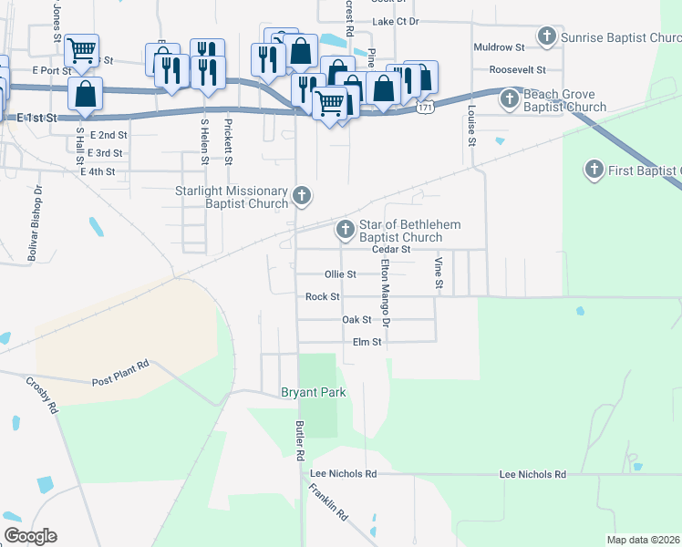 map of restaurants, bars, coffee shops, grocery stores, and more near 600 Woodrow W Batties Drive in DeRidder