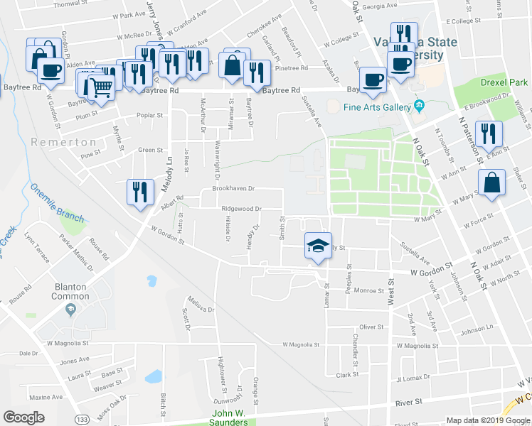 map of restaurants, bars, coffee shops, grocery stores, and more near 907 Ridgewood Drive in Valdosta