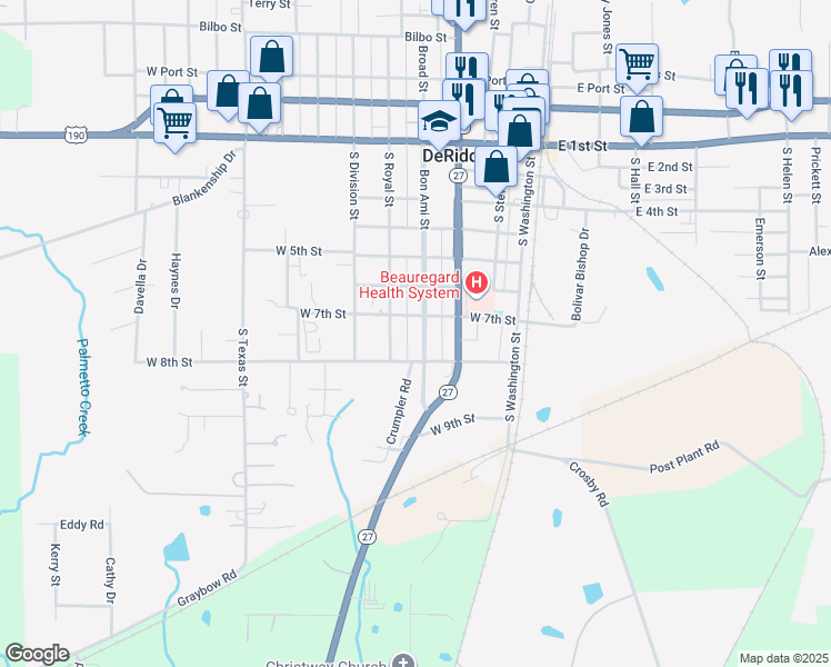 map of restaurants, bars, coffee shops, grocery stores, and more near 495 West 8th Street in DeRidder