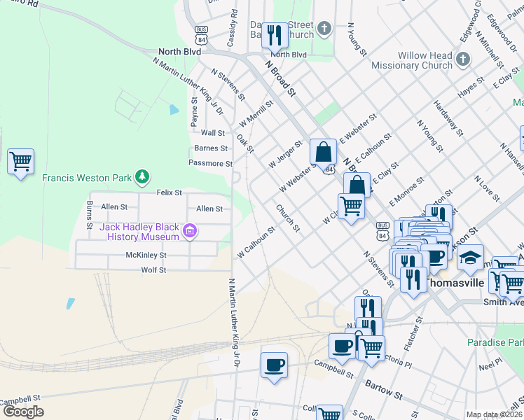 map of restaurants, bars, coffee shops, grocery stores, and more near 521 Pine Street in Thomasville