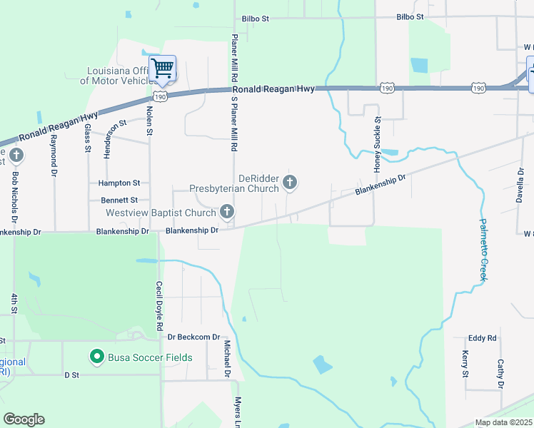 map of restaurants, bars, coffee shops, grocery stores, and more near 1610 Blankenship Drive in DeRidder