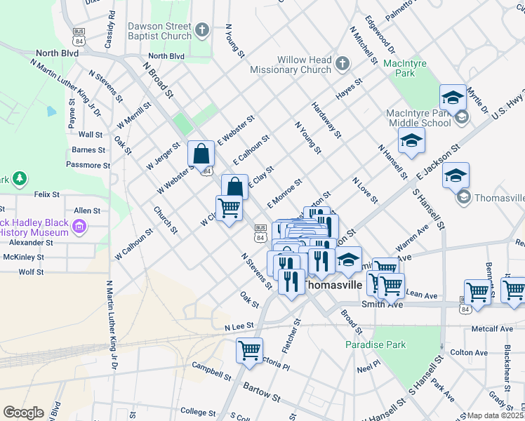 map of restaurants, bars, coffee shops, grocery stores, and more near in Thomasville