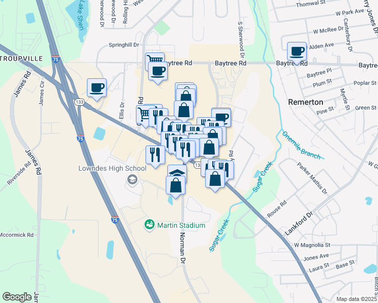 map of restaurants, bars, coffee shops, grocery stores, and more near 1715 Norman Drive in Valdosta