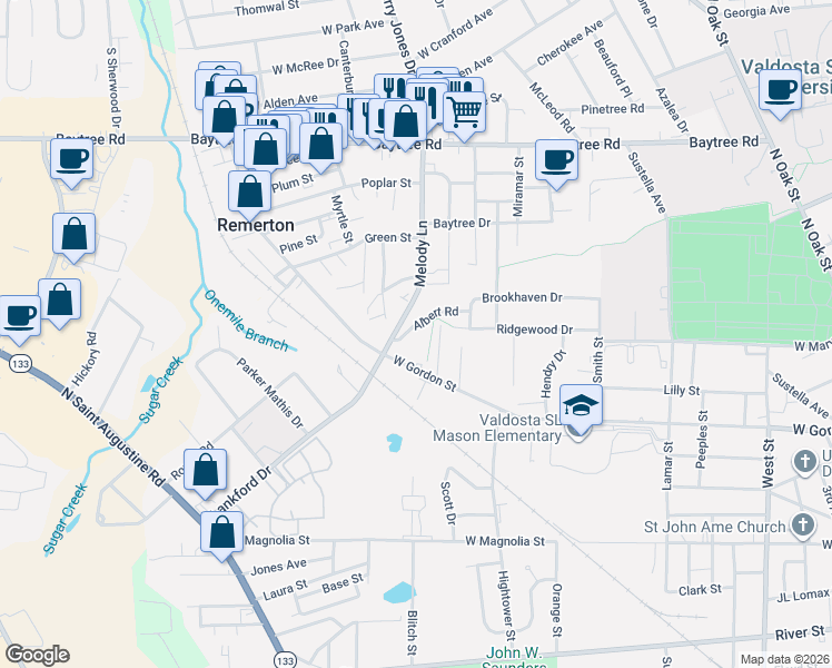 map of restaurants, bars, coffee shops, grocery stores, and more near 15 Hutto Street in Valdosta