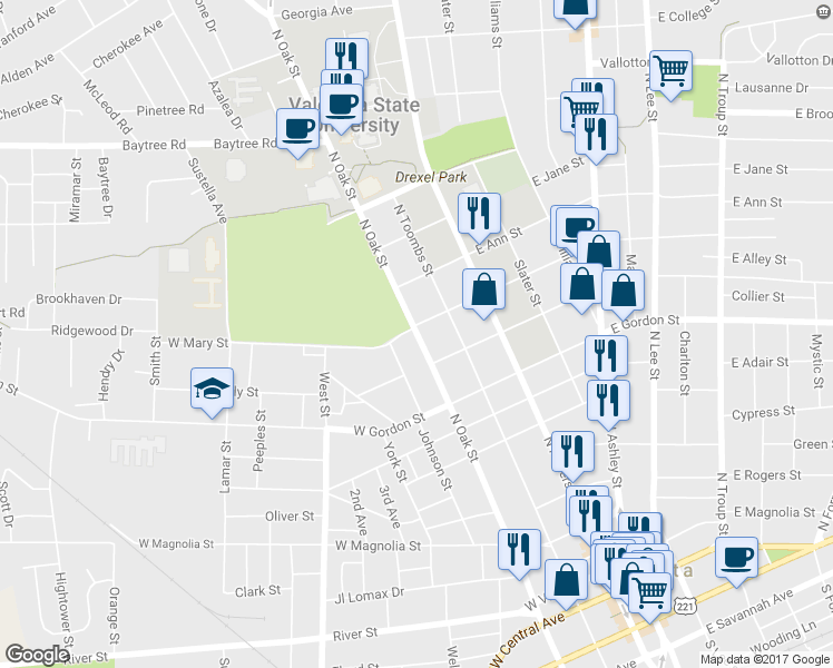 map of restaurants, bars, coffee shops, grocery stores, and more near 1014 North Oak Street in Valdosta