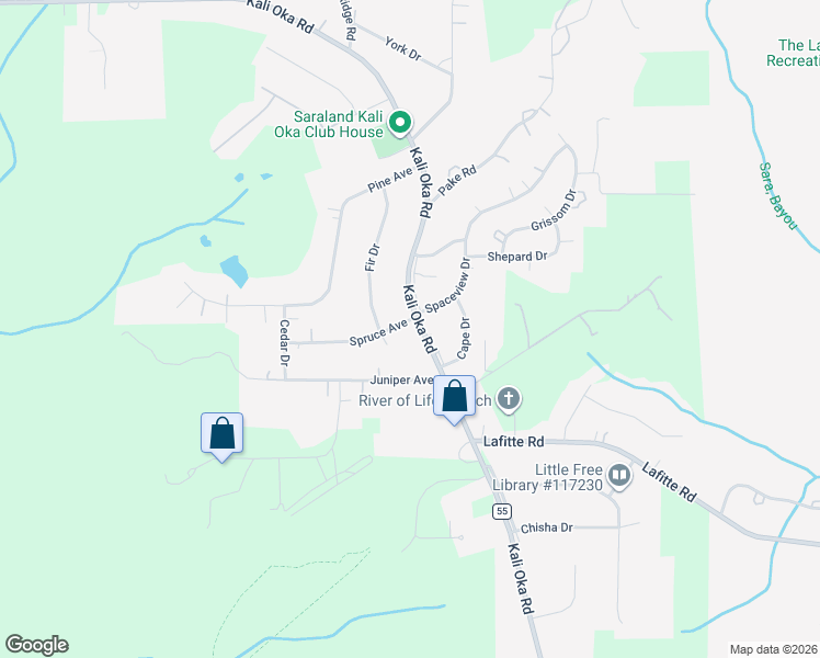 map of restaurants, bars, coffee shops, grocery stores, and more near 7149-7157 Kali Oka Road in Saraland
