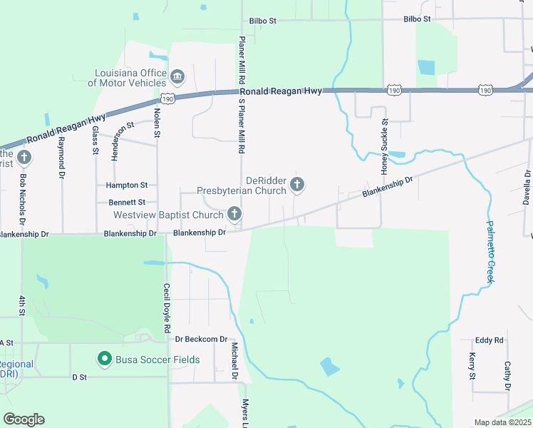 map of restaurants, bars, coffee shops, grocery stores, and more near 1610 Blankenship Drive in DeRidder
