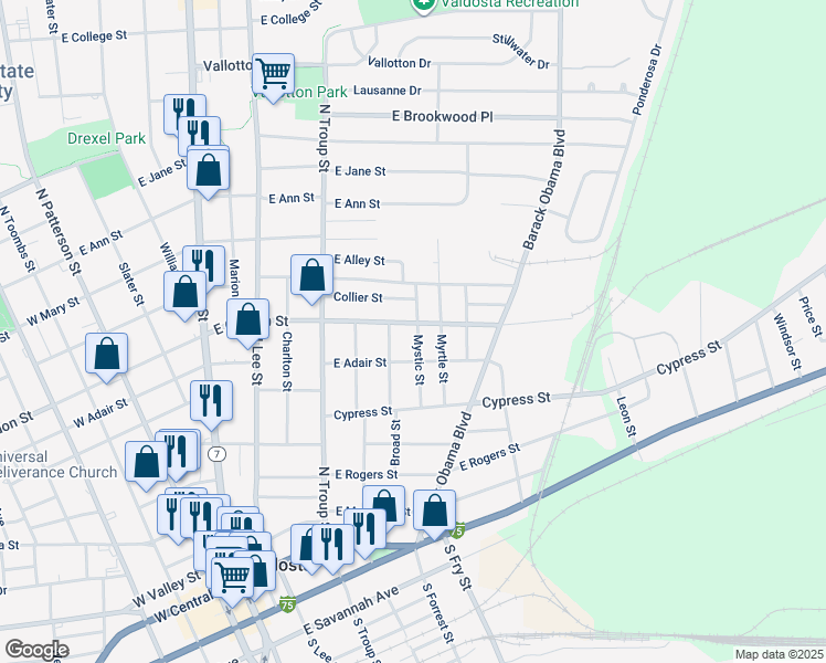 map of restaurants, bars, coffee shops, grocery stores, and more near 702 East Adair Street in Valdosta