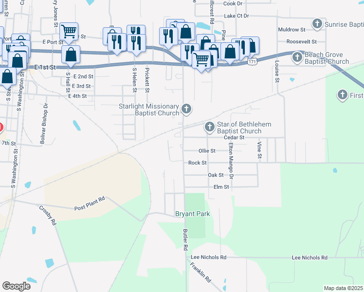 map of restaurants, bars, coffee shops, grocery stores, and more near 506 Martin Luther King Drive in DeRidder