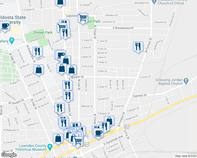 map of restaurants, bars, coffee shops, grocery stores, and more near 712 North Troup Street in Valdosta