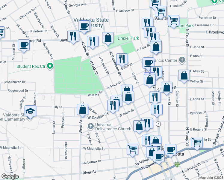 map of restaurants, bars, coffee shops, grocery stores, and more near 204 West Force Street in Valdosta