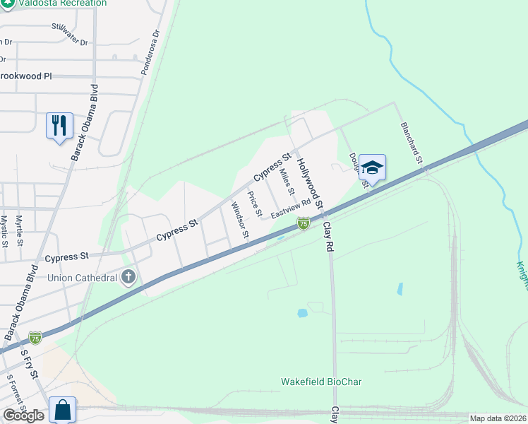 map of restaurants, bars, coffee shops, grocery stores, and more near 1700 East Hill Avenue in Valdosta