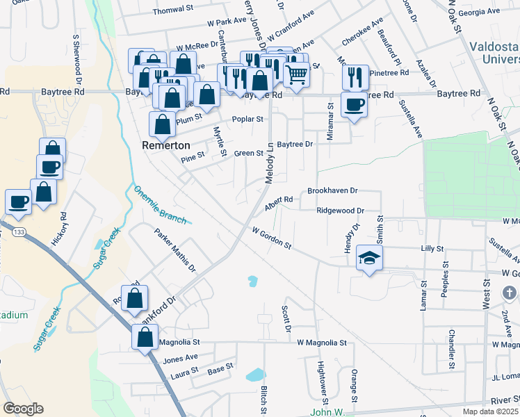 map of restaurants, bars, coffee shops, grocery stores, and more near 1116 Albert Road in Valdosta