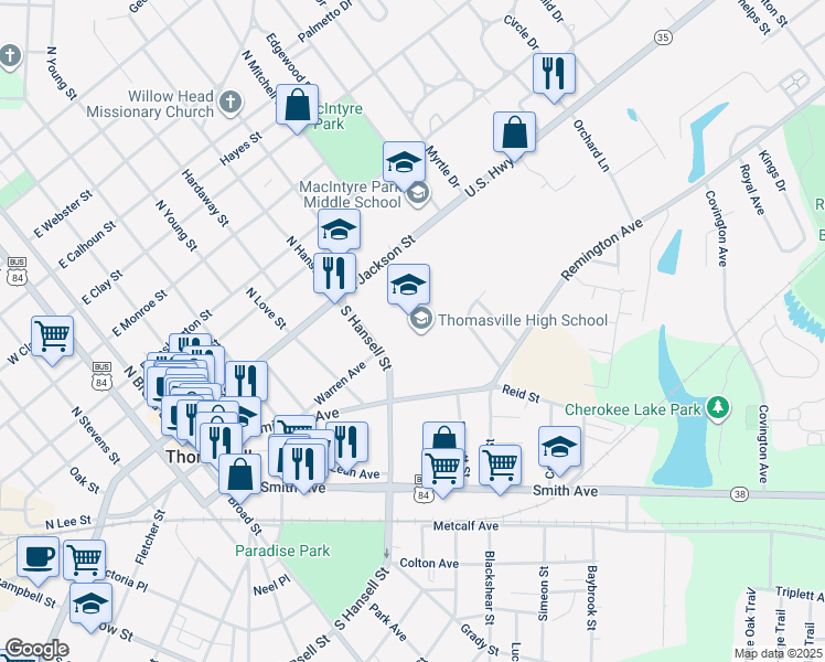 map of restaurants, bars, coffee shops, grocery stores, and more near 315 South Hansell Street in Thomasville