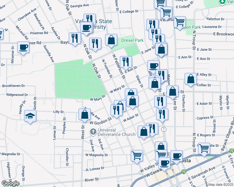 map of restaurants, bars, coffee shops, grocery stores, and more near 110 West Mary Street in Valdosta