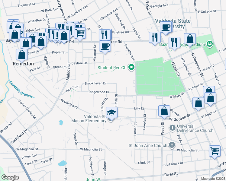 map of restaurants, bars, coffee shops, grocery stores, and more near 902 Ridgewood Drive in Valdosta