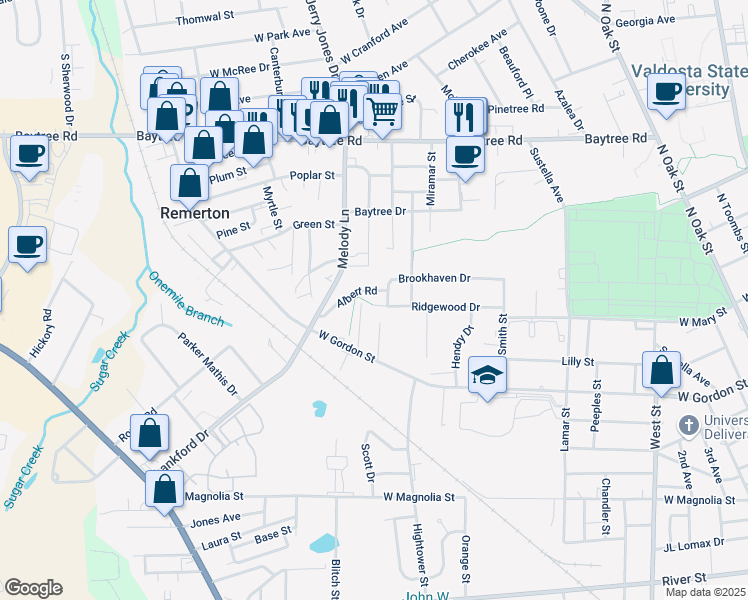 map of restaurants, bars, coffee shops, grocery stores, and more near 1010 Ridgewood Drive in Valdosta