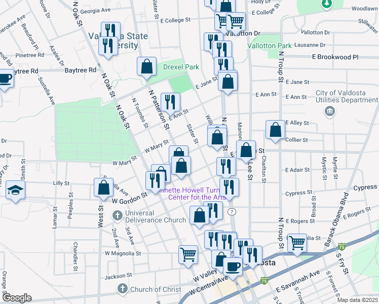 map of restaurants, bars, coffee shops, grocery stores, and more near 104 East Force Street in Valdosta