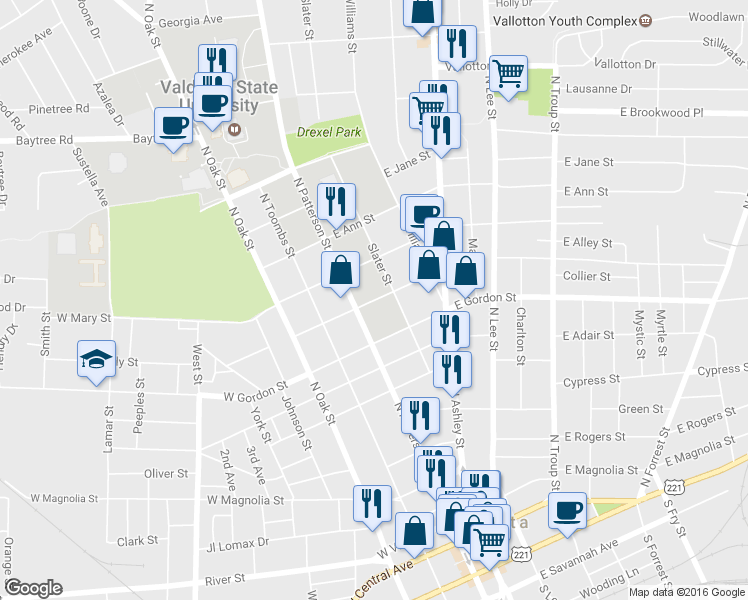 map of restaurants, bars, coffee shops, grocery stores, and more near 104 East Force Street in Valdosta