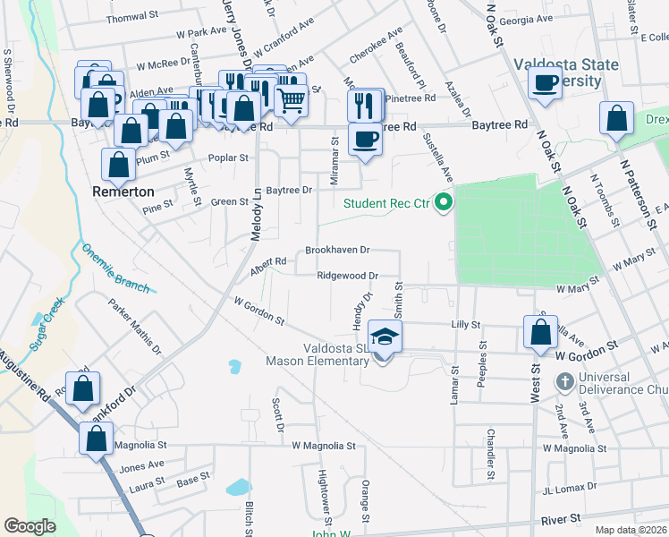 map of restaurants, bars, coffee shops, grocery stores, and more near 925 Brookhaven Drive in Valdosta