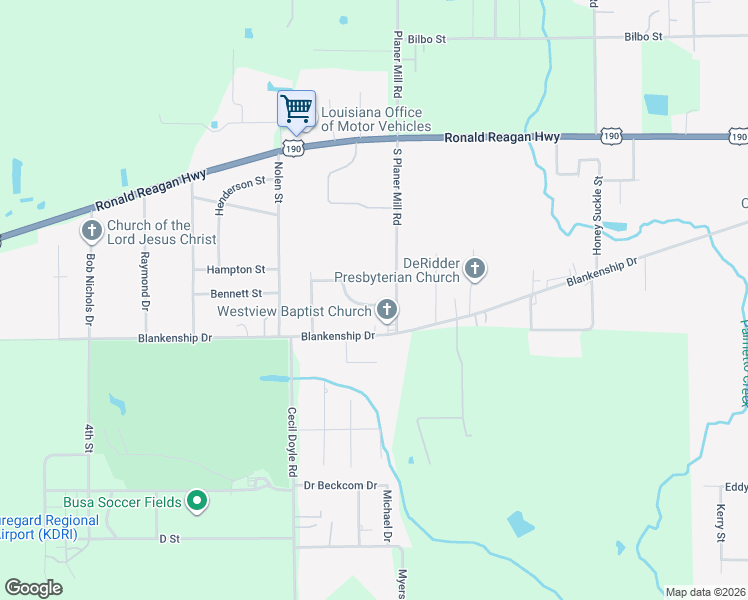 map of restaurants, bars, coffee shops, grocery stores, and more near 1807 Donna Drive in DeRidder