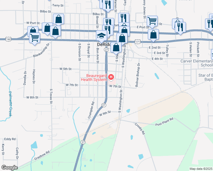 map of restaurants, bars, coffee shops, grocery stores, and more near South Pine Street & West 7th Street in DeRidder