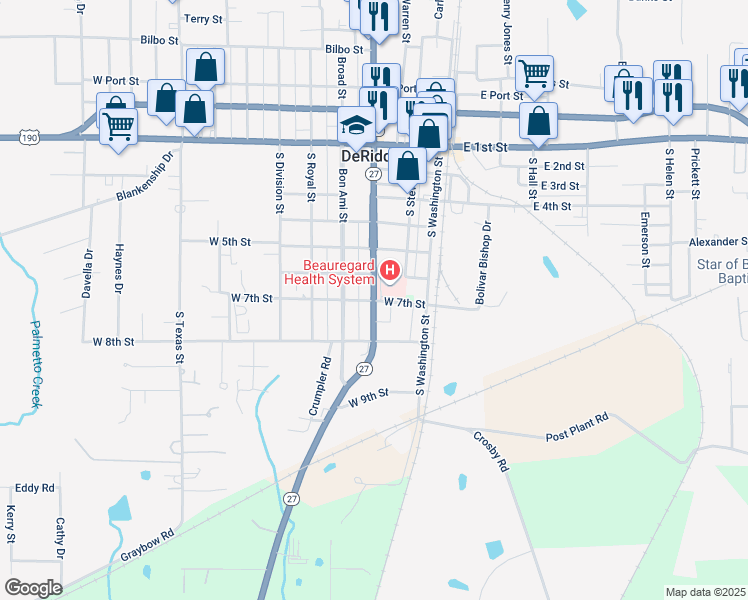 map of restaurants, bars, coffee shops, grocery stores, and more near South Pine Street & West 7th Street in DeRidder