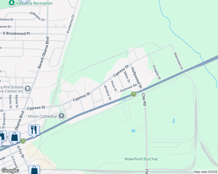map of restaurants, bars, coffee shops, grocery stores, and more near 213 Windsor Street in Valdosta