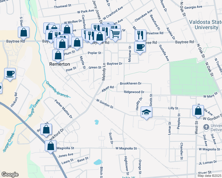 map of restaurants, bars, coffee shops, grocery stores, and more near 1101 Albert Road in Valdosta