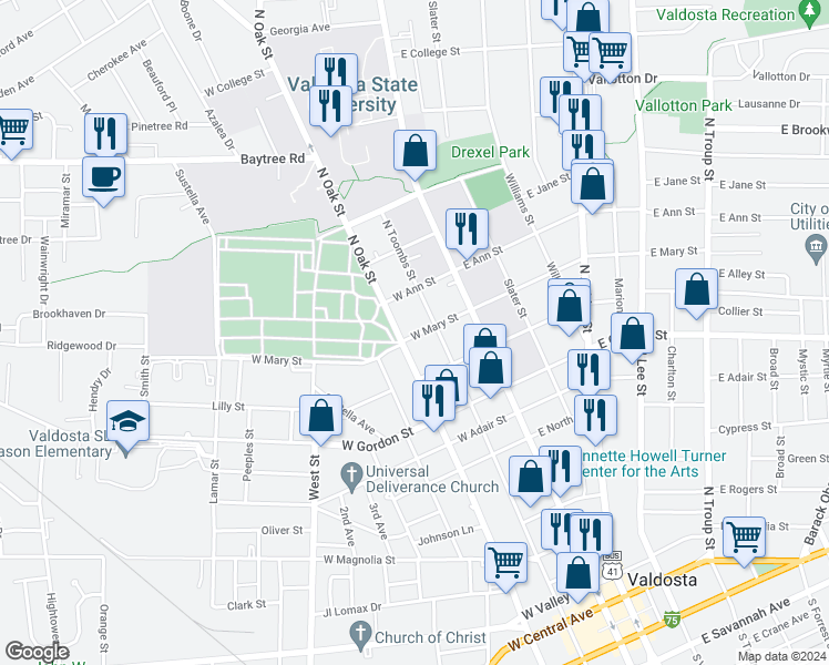 map of restaurants, bars, coffee shops, grocery stores, and more near 206 West Mary Street in Valdosta