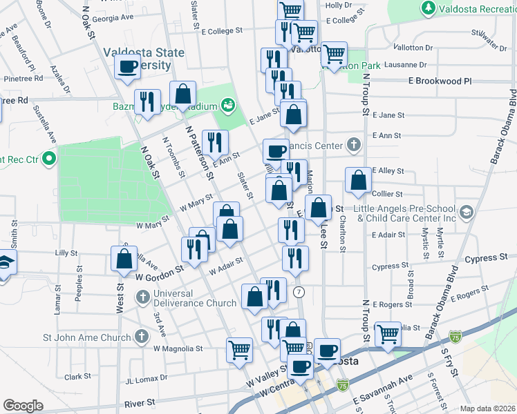 map of restaurants, bars, coffee shops, grocery stores, and more near 206 East Force Street in Valdosta