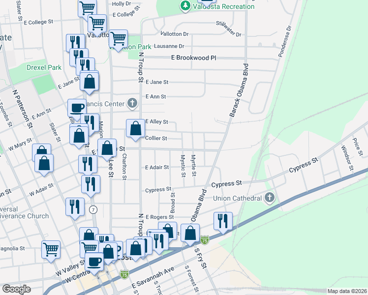 map of restaurants, bars, coffee shops, grocery stores, and more near 902 Myrtle Street in Valdosta
