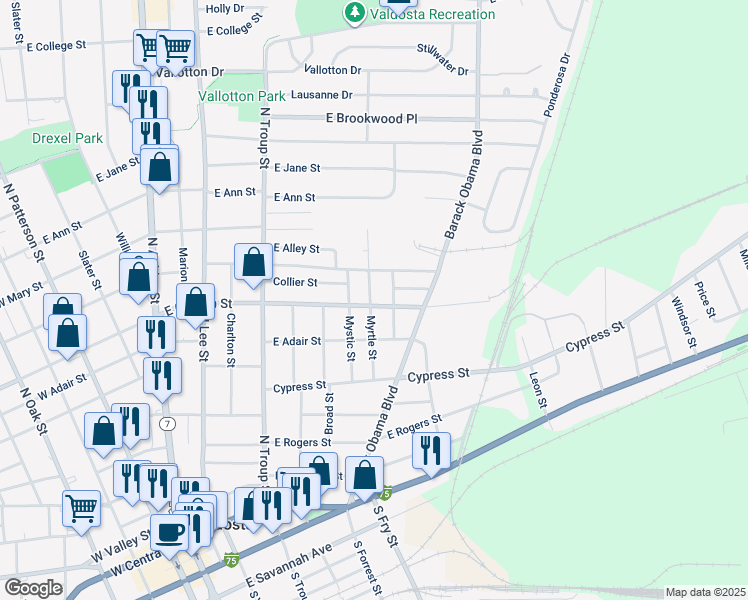 map of restaurants, bars, coffee shops, grocery stores, and more near 902 Myrtle Street in Valdosta