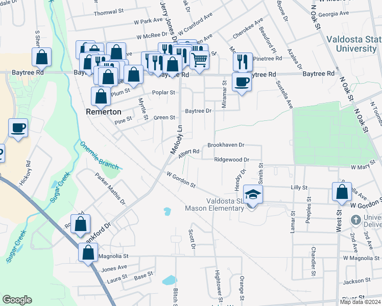 map of restaurants, bars, coffee shops, grocery stores, and more near 1006 Brookhaven Drive in Valdosta