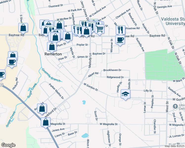map of restaurants, bars, coffee shops, grocery stores, and more near 1108 Albert Road in Valdosta