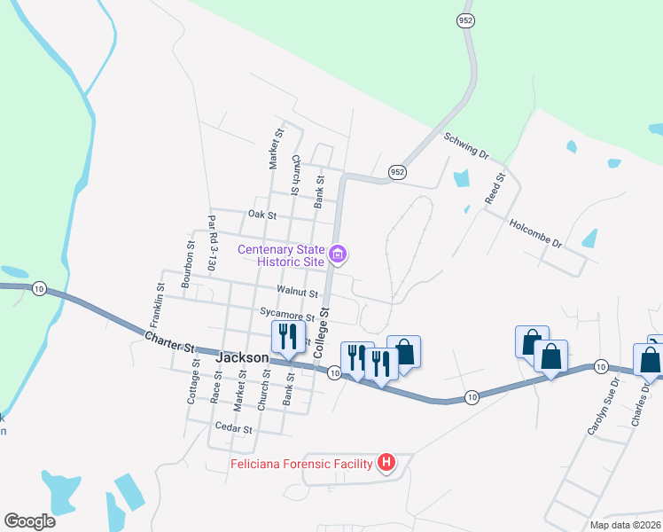 map of restaurants, bars, coffee shops, grocery stores, and more near 3522 College Street in Jackson
