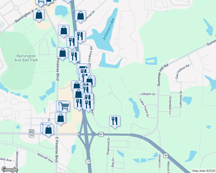 map of restaurants, bars, coffee shops, grocery stores, and more near 108 Huntington Pointe Drive in Thomasville