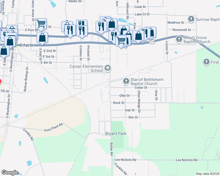 map of restaurants, bars, coffee shops, grocery stores, and more near 506 Martin Luther King Drive in DeRidder